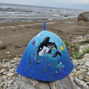 Felt fantasy quirky cap fisherman gift Wool sauna hat with shark attack design Bath accessories