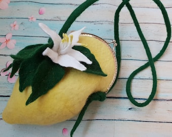 Felted clutch lemon Everyday summer citrus hand bag Yellow wool boho style purse