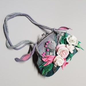 Felted art boho vegan handbag metal clasp Wool purse Unique felt gift Medium cosmetic bag