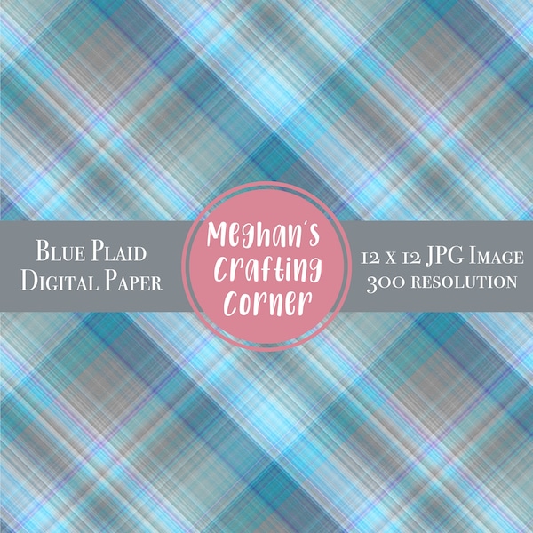 Blue Plaid Digital Paper 12 x 12 / Scrapbooking Paper / Sublimation / Instant Download