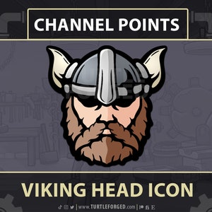 Op de afbeelding: Een cartoonillustratie van een Vikinghoofd met een gehelmde helm. De achtergrond is donkergrijs met een tandwielpatroon. De tekst "CHANNEL POINTS" staat bovenaan de afbeelding en "VIKING HEAD ICON" onderaan.