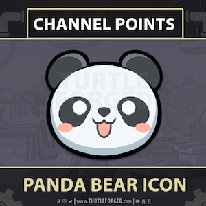 Könnte beinhalten: Ein süßer Cartoon-Panda mit schwarzen Augen, einer schwarzen Nase und einem rosa Rouge auf den Wangen. Der Panda streckt seine Zunge heraus und hat einen glücklichen Ausdruck. Der Text "CHANNEL POINTS" befindet sich über dem Panda und der Text "PANDA BEAR ICON" unter dem Panda.