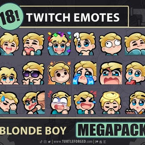 Słodki, kreskówkowy facet, emotikony, MEGAPACK (blond włosy, niebieskie oczy) | Zawiera łącznie 18 emotikonów! | Twitch, Discord i YouTube