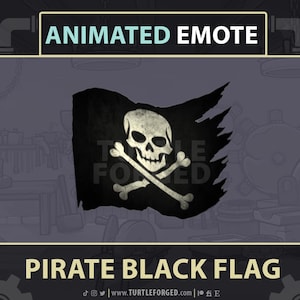 Puede incluir: Emote animado de bandera pirata negra con una calavera y huesos cruzados. La bandera ondea al viento. El texto "TURTLEFORGED" es visible en la bandera.