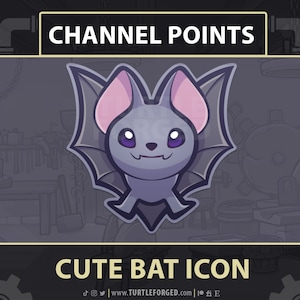 May include: A cute cartoon bat with pink ears and purple eyes. The bat is flying with its wings spread out. The text "CHANNEL POINTS" is above the bat and the text "CUTE BAT ICON" is below the bat.