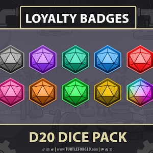 May include: A set of eight loyalty badges featuring a 20-sided die in different colors, including gray, purple, green, blue, red, pink, orange, and a rainbow gradient. The badges are labeled "D20 Dice Pack" and are part of a loyalty program.