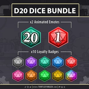 May include: D20 Dice Bundle featuring two animated emotes, a green 20-sided die with the number 20 and a red 20-sided die with the number 1, and ten loyalty badges, each a different color 20-sided die.