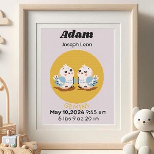 Baby Birth announcement cross stitch pattern PDF Boy Girl nursery decor Zodiac Signs Baby shower Baby gift Gemini May June
