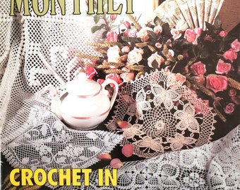 Crochet book featuring table runners doilies bedspread pillow cover and home decor pineapple wing patterns Crochet Monthly 171 pdf
