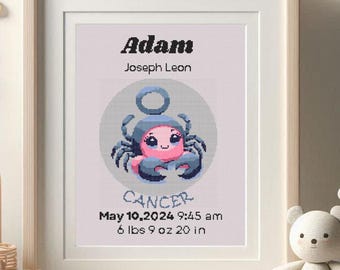 Baby Birth announcement cross stitch pattern PDF Boy Girl nursery decor Zodiac Signs Baby shower Baby gift Cancer June July