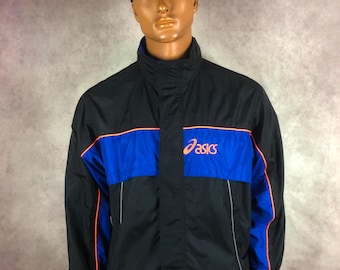 Vintage Asics World Performance Windbreaker Track Jacket Black Blue Y2K Streetwear Casual Y2K Size L
