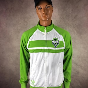Vintage Adidas Originals Seattle Sounders F.C. Herrfotboll MLS Full Zip Grön Träningsjacka Casual Y2K Storlek M