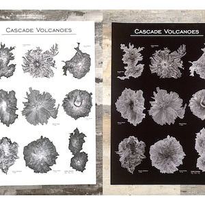 Impression d'art de carte topographique de la chaîne de montagnes Cascade | Art volcanique du nord-ouest du Pacifique, Cadeaux PNW