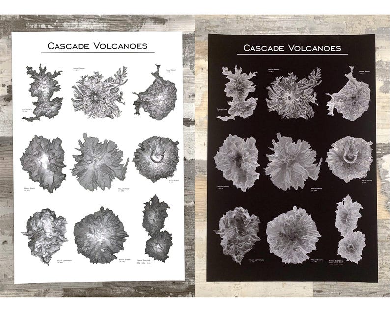 Impression d'art de carte topographique de la chaîne de montagnes Cascade | Art volcanique du nord-ouest du Pacifique, Cadeaux PNW image 1