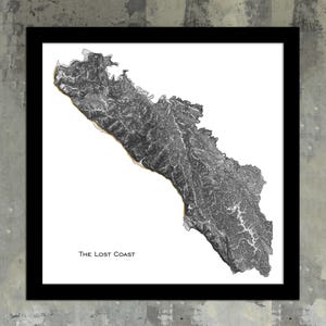 May include: A black and white topographic map of a coastline, titled "The Lost Coast".