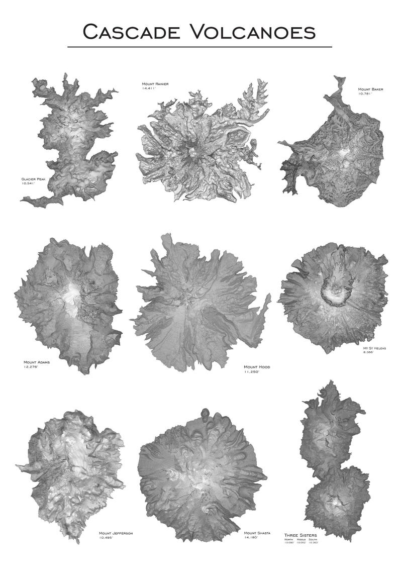 Peut inclure: Une illustration en noir et blanc de neuf volcans de la cha&icirc;ne des Cascades dans les &Eacute;tats de Washington et de l'Oregon, dont le mont Rainier, le mont Adams, le mont Hood, le mont Jefferson, le mont Shasta et les Three Sisters. Les volcans sont &eacute;tiquet&eacute;s avec leurs noms et leurs altitudes en pieds.