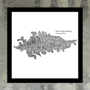 May include: A black and white topographic map of the Uinta Mountains in Utah, showing the Highline Trail. The trail is highlighted in pink.