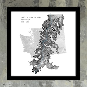 Cadeau d'art de carte topographique PCT de Washington |  Cartes et impressions du sentier de la crête du Pacifique de Wachington, montagnes des Cascades