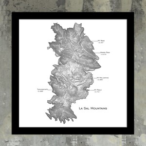 Impression d'art de carte des montagnes de La Sal | Carte topographique de la chaîne de montagnes, Moab, Utah