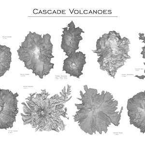 Peut inclure: Une illustration en noir et blanc des volcans de la cha&icirc;ne des Cascades dans le nord-ouest du Pacifique. Les volcans sont repr&eacute;sent&eacute;s dans un style topographique, avec diff&eacute;rentes nuances de gris repr&eacute;sentant diff&eacute;rentes altitudes. Les noms de chaque volcan sont list&eacute;s sous l'image.
