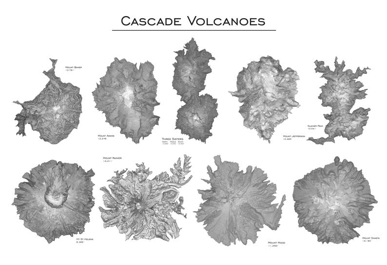 Peut inclure: Une illustration en noir et blanc des volcans de la cha&icirc;ne des Cascades dans le nord-ouest du Pacifique. Les volcans sont repr&eacute;sent&eacute;s dans un style topographique, avec diff&eacute;rentes nuances de gris repr&eacute;sentant diff&eacute;rentes altitudes. Les noms de chaque volcan sont list&eacute;s sous l'image.
