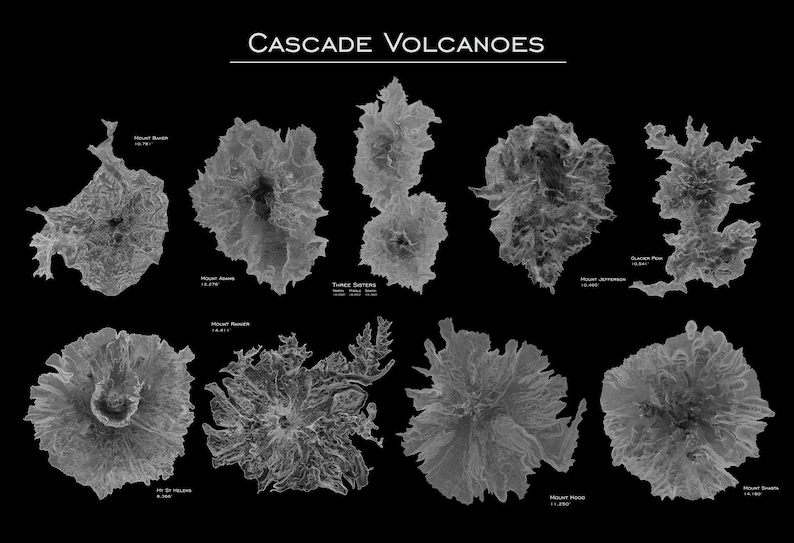 Peut inclure: Une illustration en noir et blanc des volcans des Cascades, montrant la forme et la taille de chaque volcan. Les volcans sont &eacute;tiquet&eacute;s avec leurs noms et leurs altitudes.
