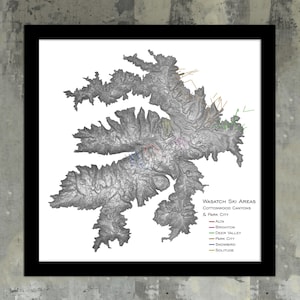 Wasatch Mountains Art Print Topographic Map |  Utah Ski Mountains Topo, Cottonwood Canyons Artwork