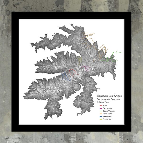 Wasatch Mountains Art Print Topographic Map |  Utah Ski Mountains Topo, Cottonwood Canyons Artwork