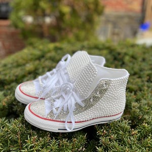 Custom Bling High Top Converse – Rhinestone & Pearl Sneakers – Personalized Name Shoes – Wedding or Birthday Gift