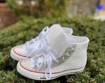 Custom Bling Converse Sneakers – Rhinestone & Pearl High Tops, Personalized Name