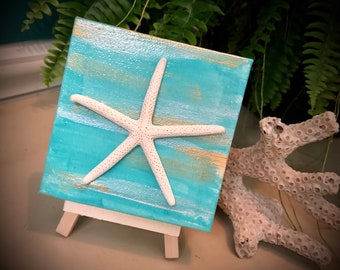 HAND Painted Canvas With Easel, BEACH Decor, Beach Painting, Seashells, Starfish Decor