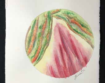 Original watercolor, Heirloom eggplant close-up, Watercolor, Pink green orange yellow, 14.5"x11"