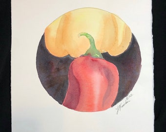 Red and yellow peppers still life, watercolor