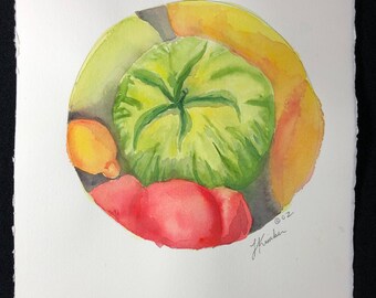 Heirloom Tomatoes #2, red yellow orange watercolor, Original art, 14.5"x11"