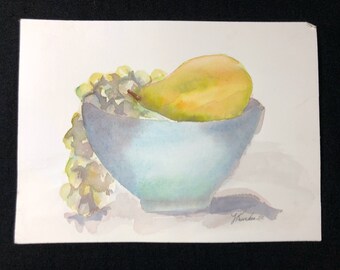 Original watercolor, Still life, Pear and grapes, green blue gray yellow, 9"x12"