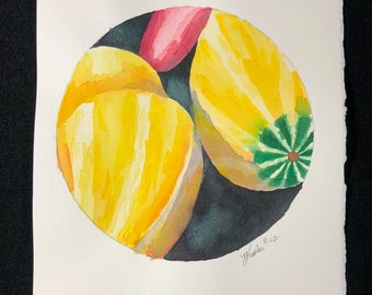 Original watercolor, Ornamental gourds, yellow, green and red
