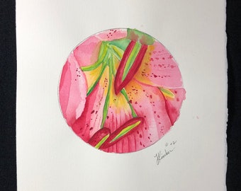 Original watercolor, Stargazer Lily, pink still life, 14.5"x11"