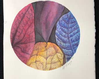 Bean pod and autumn leaves, Original art, Watercolor blue red yellow magenta jewel tones, 11"x14.5"