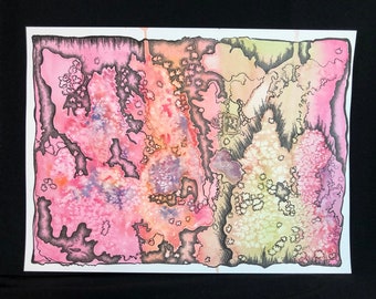 Abstract Pink, Orange, and Yellow watercolor; watercolor and ink