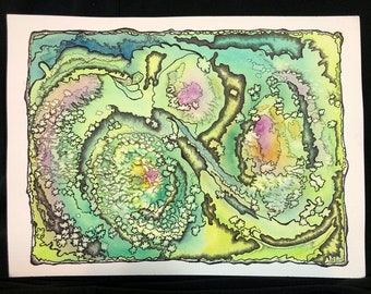 Abstract Watercolor Print, Green, Chartreuse, Purple