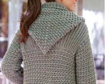 Hooded Sweater Coat CROCHET PATTERN Women/Instant PDF Download/Gray Crochet Hoodie Cardigan Sweater Pullover Pattern Beginner