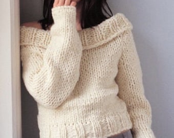 KNITTING PATTERN x Chunky Top Women x Off-the-shoulders Sweater Beginner Easy Women/Vintage Knit Pattern/Instant PDF Download