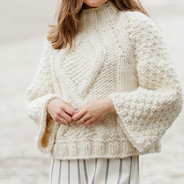 Chunky Cable Aran Crop Top Sweater Women KNIT PATTERN /Pullover Knitting Pattern/Instant PDF Download/Womens Top Bell Sleeve Sweater Pattern