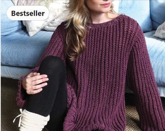 Easy Ribbed Plum Sweater KNITTING PATTERN Women/Aran Yarn Beginner Chunky-Look Burgundy Pullover Pattern/Instant PDF Download/Women Top Easy