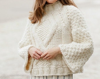 Chunky Cable Aran Crop Top Sweater Women KNIT PATTERN /Pullover Knitting Pattern/Instant PDF Download/Womens Top Bell Sleeve Sweater Pattern