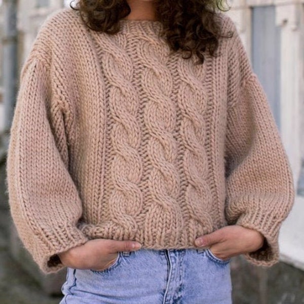 Chunky Cropped Zopfmuster Strickanleitung x Instant PDF Download/Boxy Zopfmuster Pullover