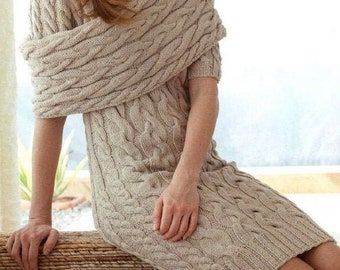 Dress and Shawl Women KNITTING PATTERN/2 Patterns in 1/Women&#39;s Chunky Sweater Dress Summer Tunic/Instant PDF Download/Vintage Pattern