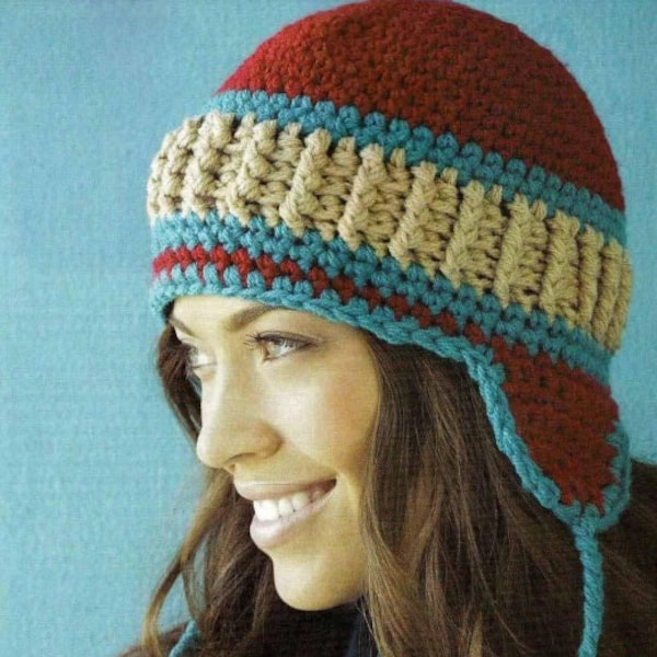 Ski Hat Earflaps Women PDF CROCHET PATTERN/Crochet Ski Snow Hat Sport Yarn Instant Download/Womens Hat Cap Vintage Pattern