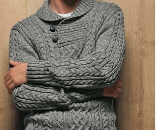 Men's Sweater Cable Aran KNITTING PATTERN -- Dk Yarn Men's Cable Pullover -- Instant PDF Download --Collar Top Men