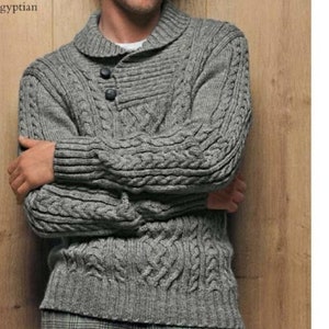 Men&#39;s Sweater Cable Aran KNITTING PATTERN -- Dk Yarn Men&#39;s Cable Pullover -- Instant PDF Download --Collar Top Men